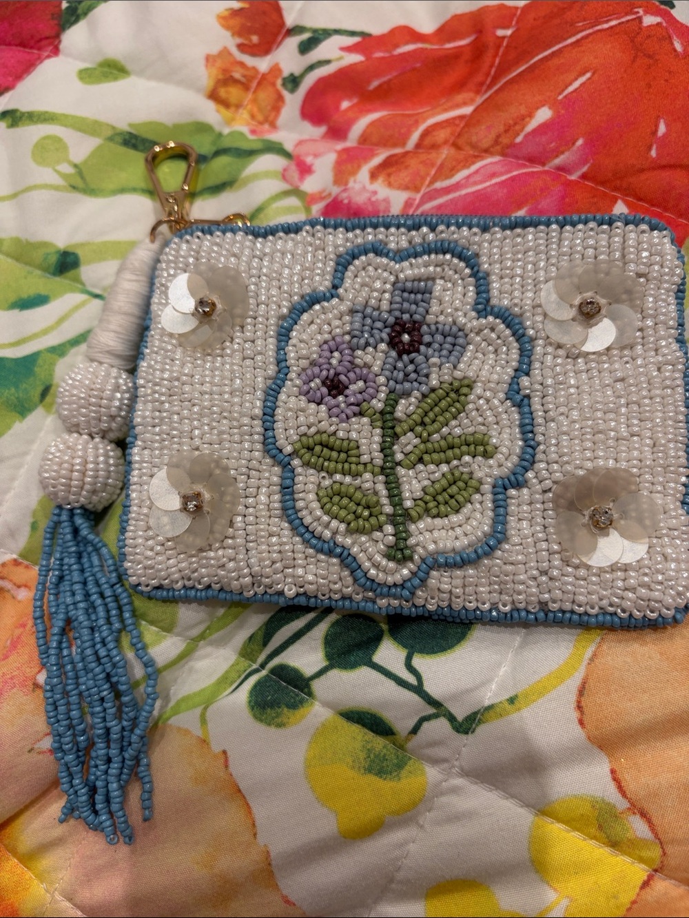 Beaded Floral Wristlet Clutch in White and Blue